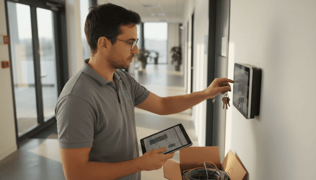 Un tecnico sta verificando il corretto funzionamento del sistema digitale di controllo accessi.