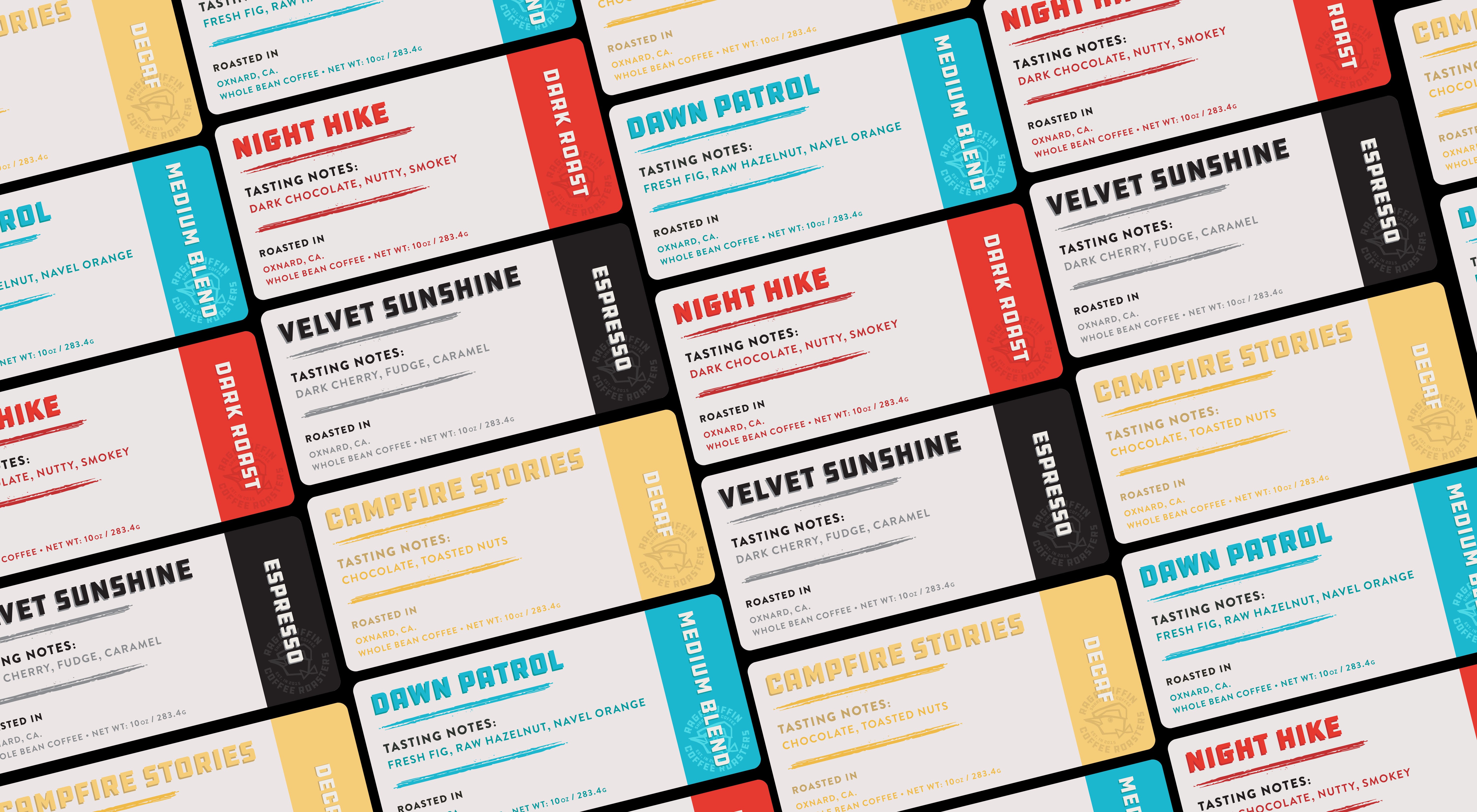 Ragamuffin coffee labels in assorted colors