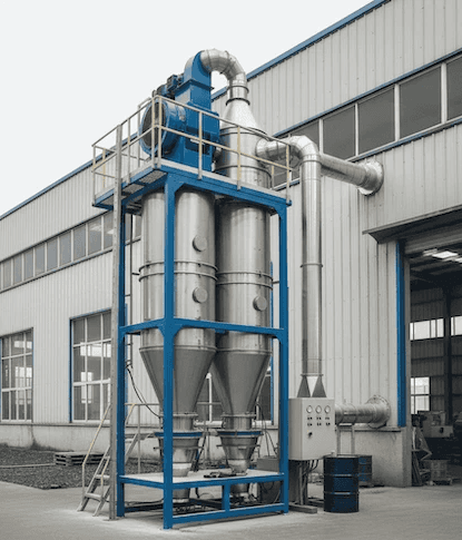 Industrial Dust Collector with cartridge filters and pulse cleaning for factories, capturing fine dust at 99% efficiency in high-volume airflow