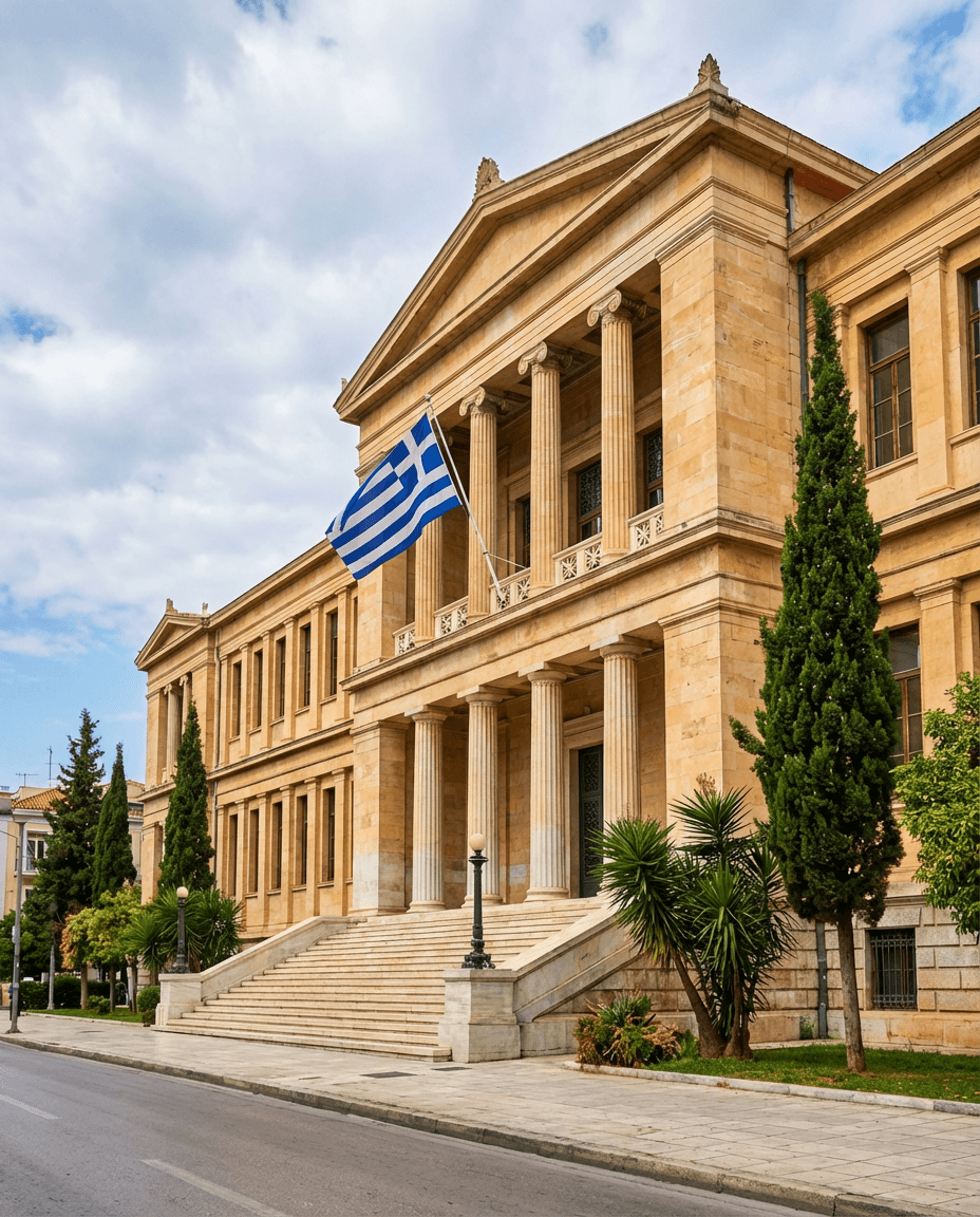 Exterior of a Greek justice building in Thessaloniki with a Greek flag.