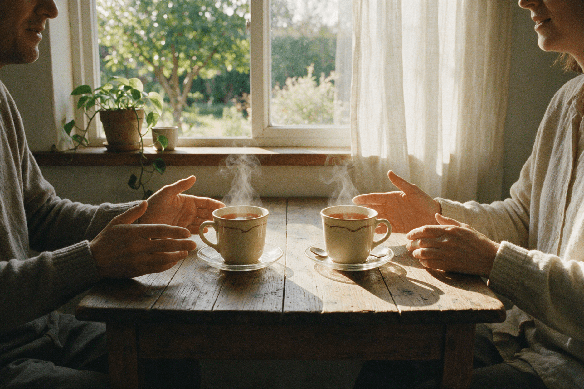 Two mugs of tea between two people talking