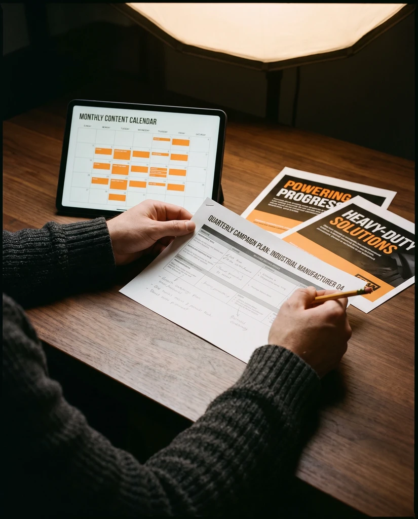 A strategist reviewing a quarterly campaign plan and printed ad proofs