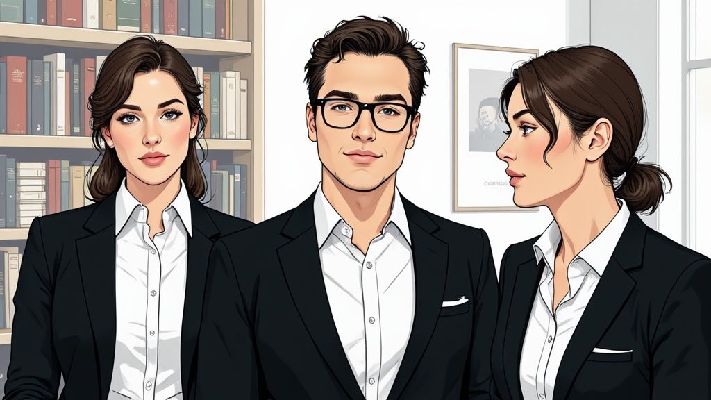 Drei Geschäftsleute, zwei Frauen und ein Mann, in Anzügen vor einem Bücherregal.