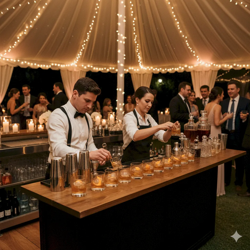 Two bartenders making a bunch of old fashioneds