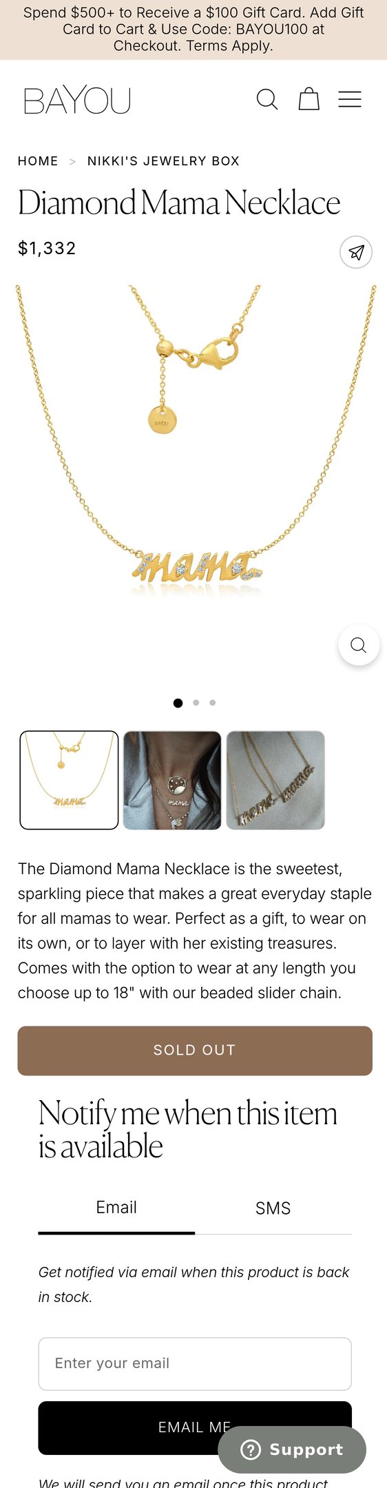 Jewelry product options include: necklace, chain for Diamond Mama Necklace from Bayou with Love.