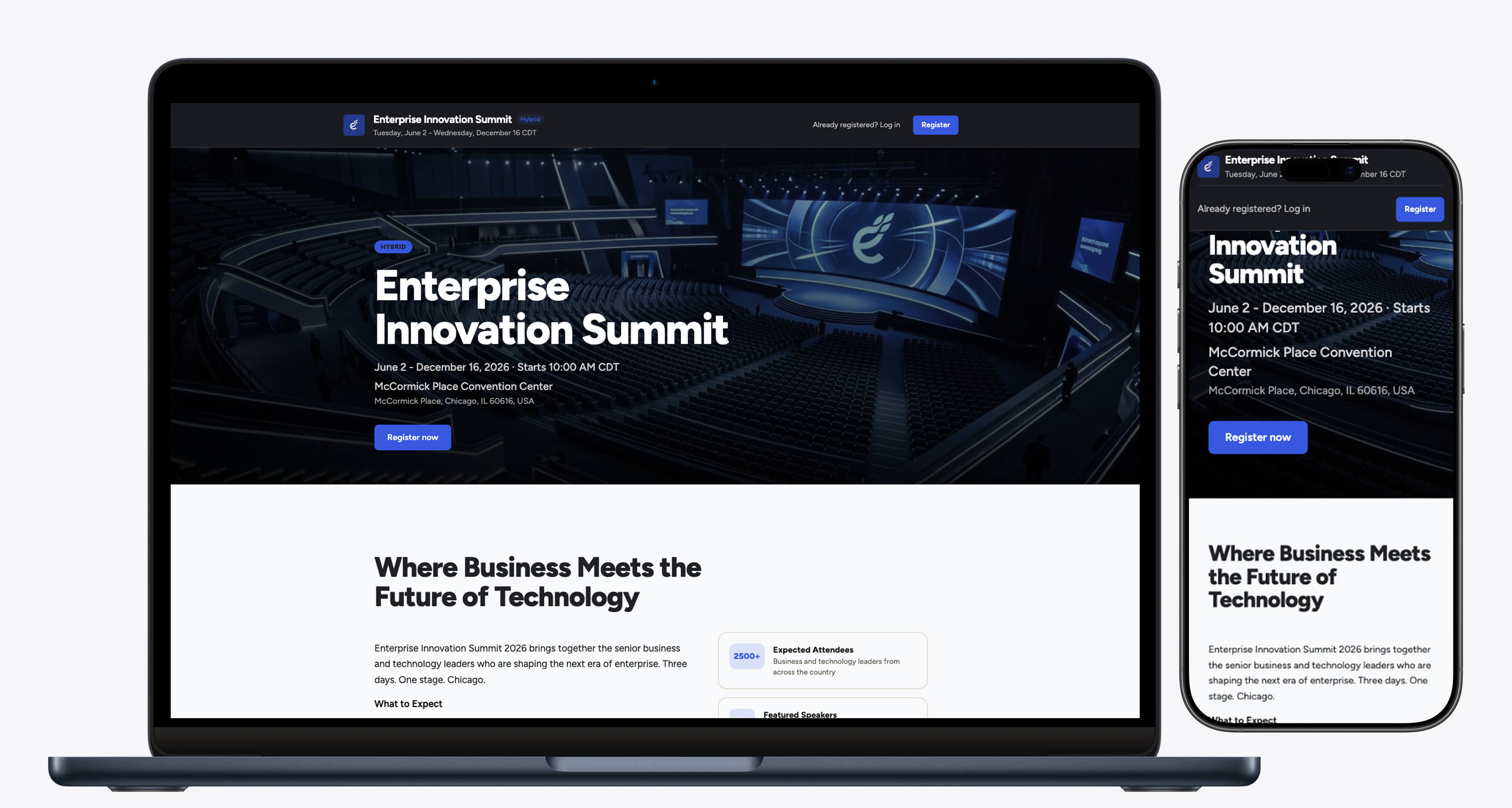 Sunfish Events branded event registration page on desktop and mobile
