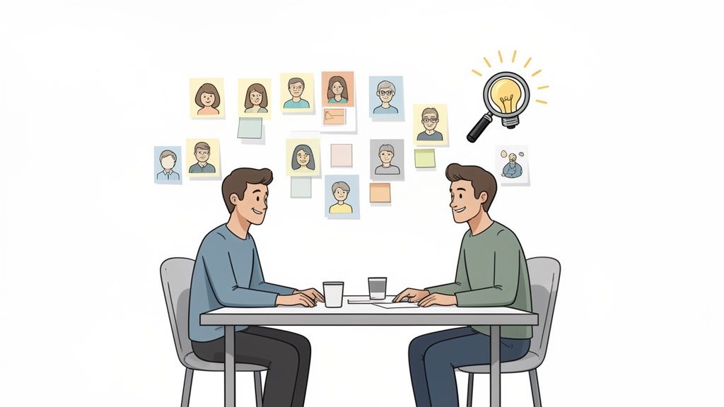 Two men discussing ideas in front of a wall with user profiles and sticky notes.