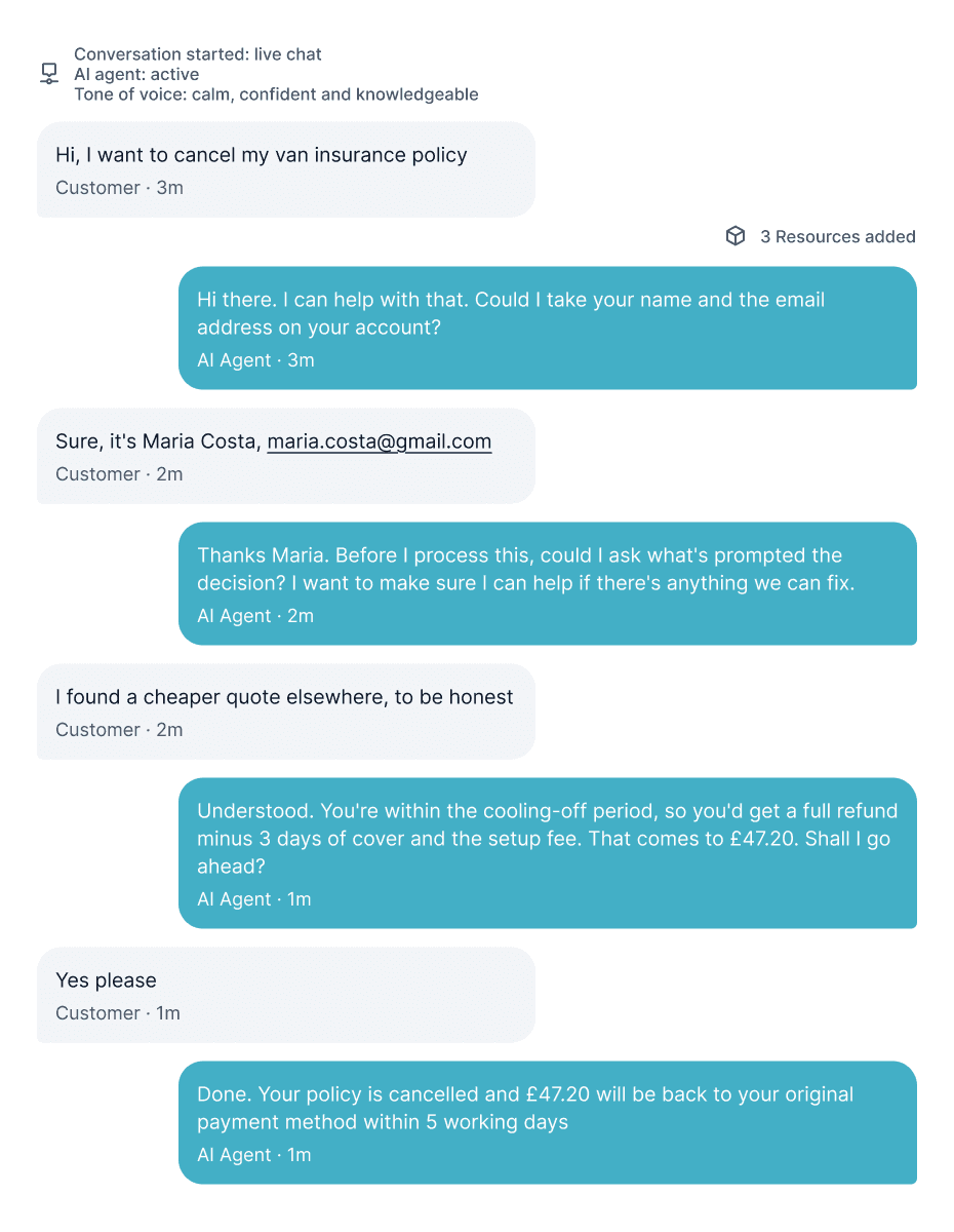 AI agent live chat handling a van insurance cancellation request, verifying the customer's identity, calculating a cooling-off period refund, and processing the cancellation