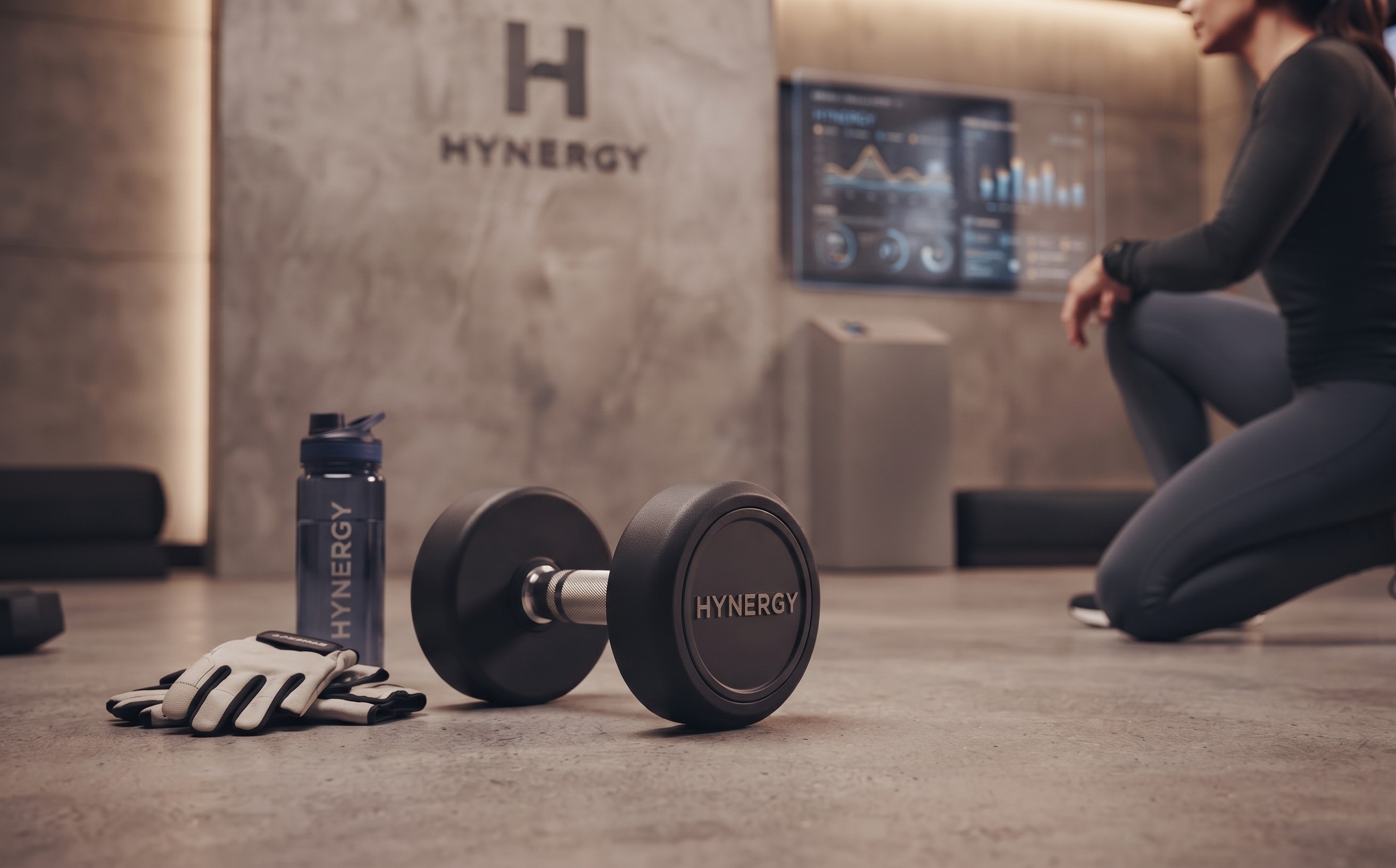 Hynergy workout gear, including a dumbbell, workout gloves, and a water bottle, on a gym floor with a digital data display in the background.