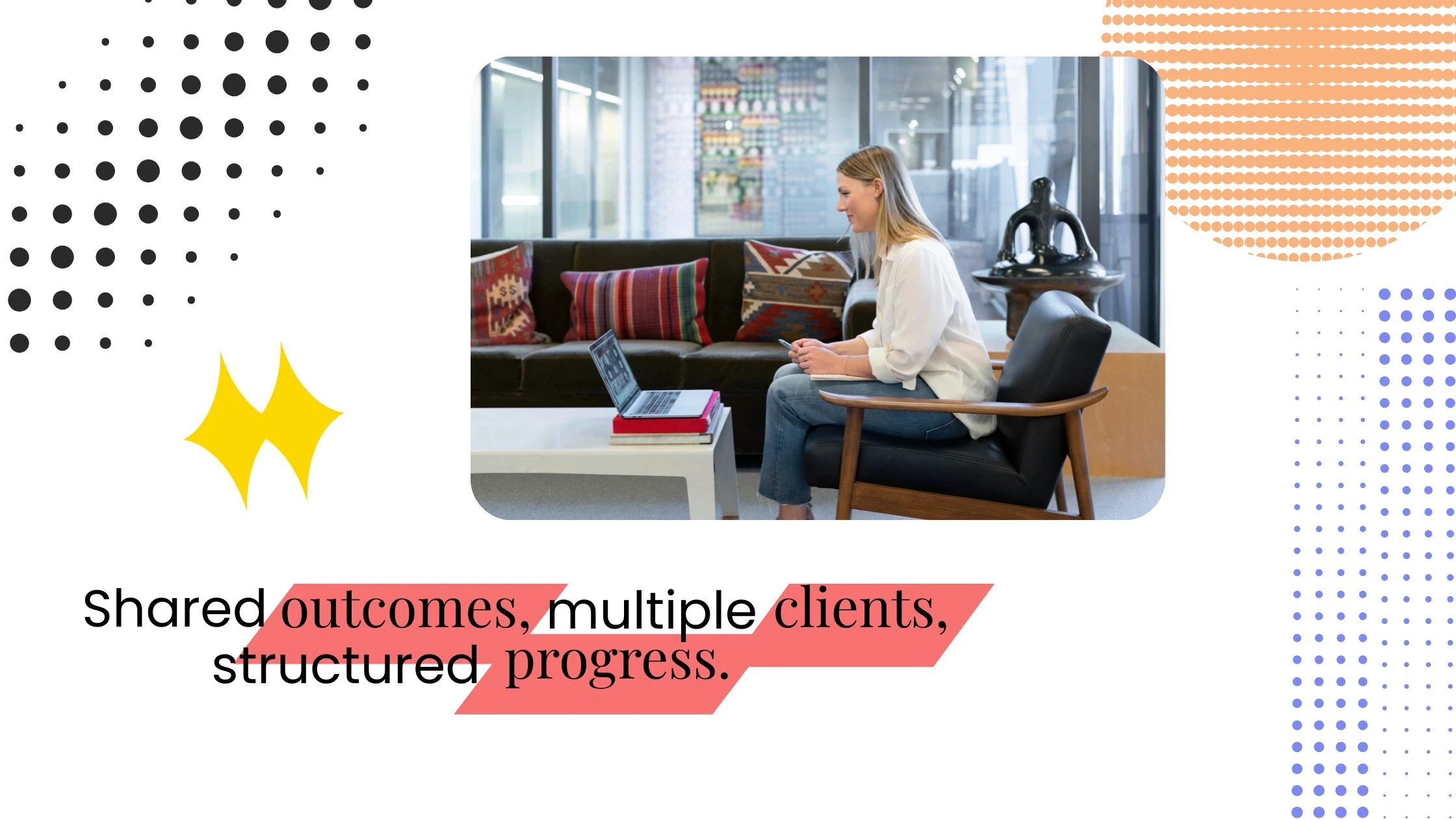 Coach seated in a casual space with a laptop, with text highlighting shared outcomes and structured progress in group coaching.