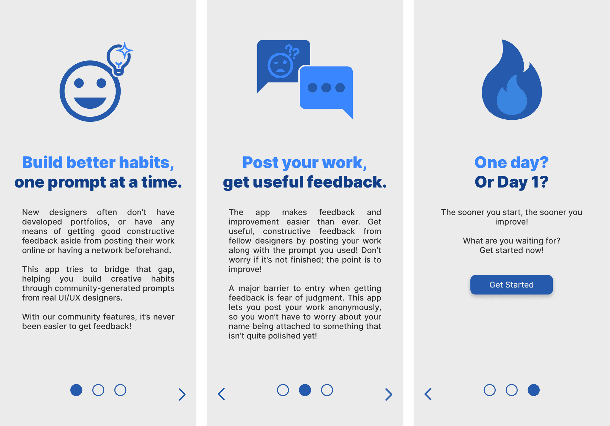The three info screens users will see when first opening the app