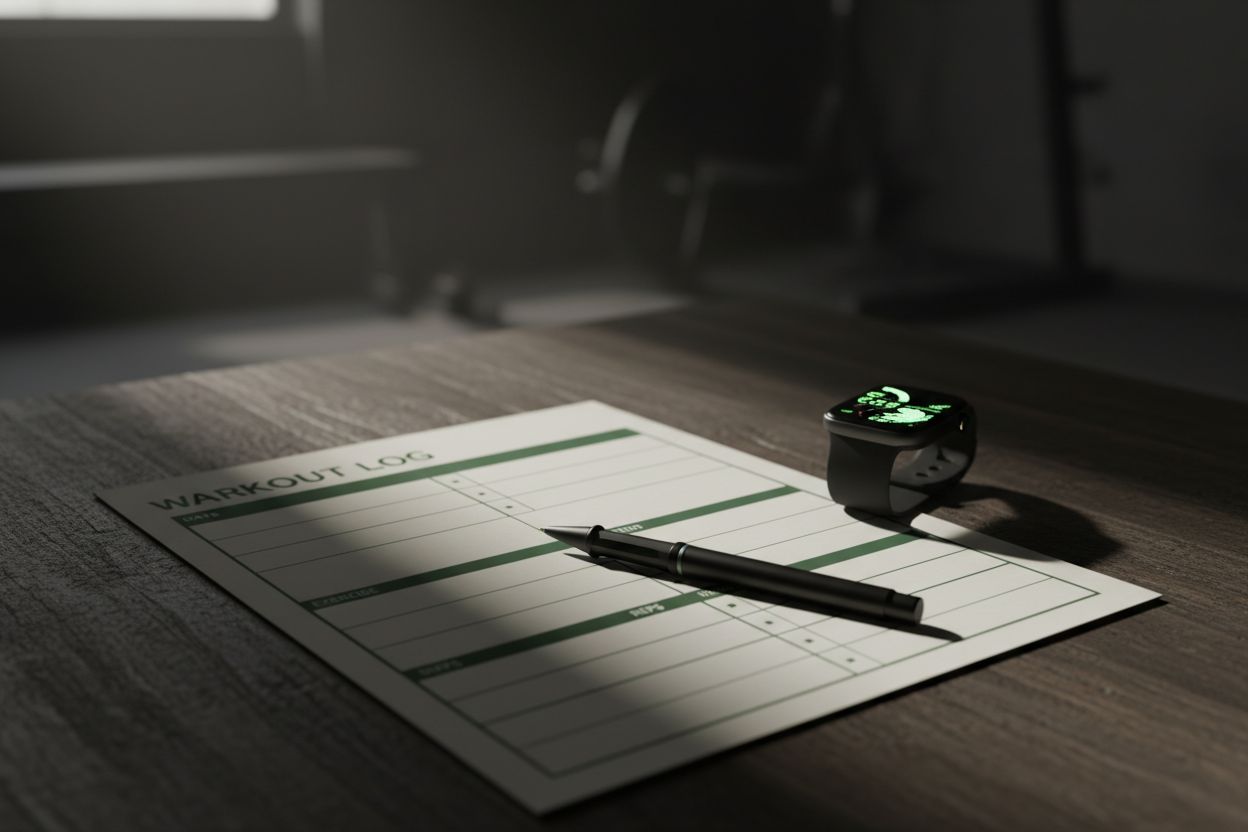 Plantilla limpia de registro de entrenamiento sobre una mesa con bolígrafo y reloj inteligente