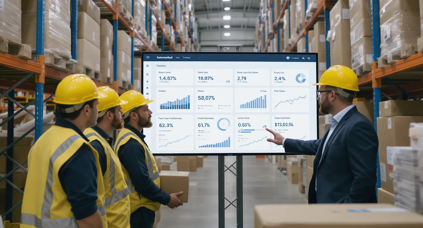 Een klein team van magazijnmedewerkers en een salesmanager bespreken een groot digitaal dashboard waarop automatiseringsstatistieken voor orderverwerking worden getoond, omringd door stellingen met dozen in een moderne loods.