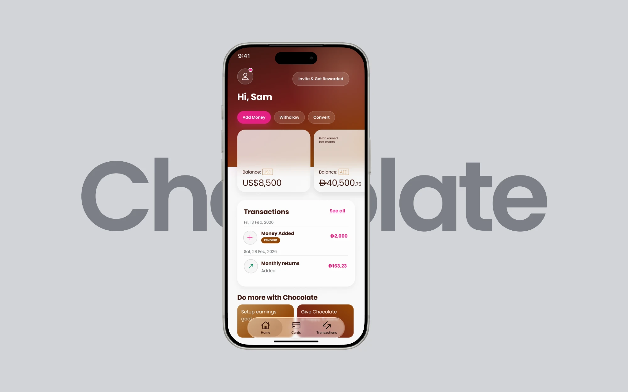 Chocolate Finance home screen on an iPhone