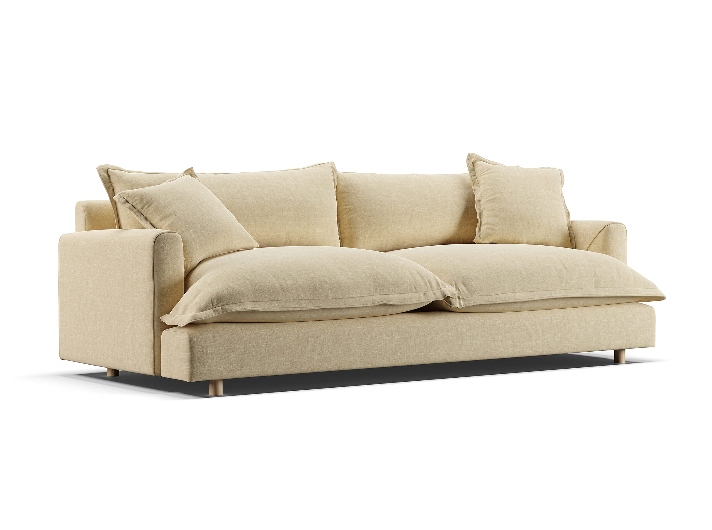 3D render of modern beige sofa with cushions in a minimal studio setting