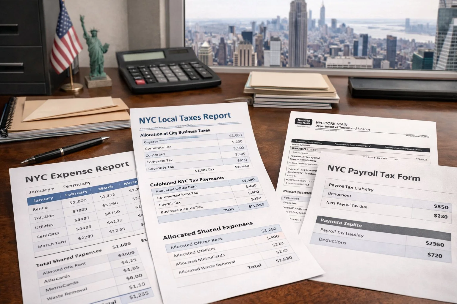 Realistic NYC small business workspace with location-specific expense reports, tax documents, and shared expenses, illustrating compliance with city regulations.