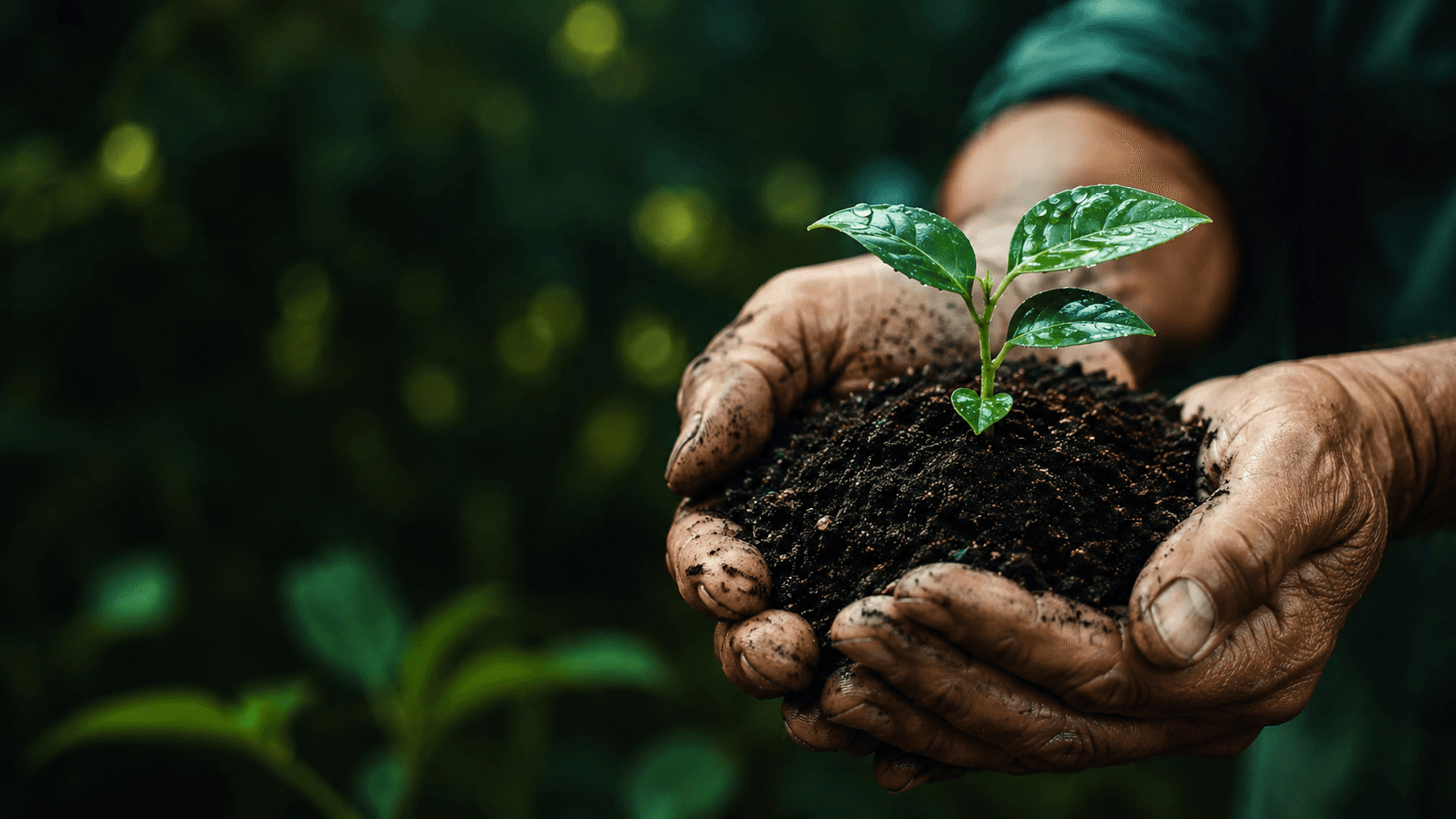 Hands holding a young tropical crop seedling above rich soil
