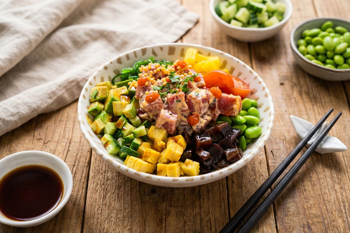 Colorful poke bowl with tuna, avocado and edamame, a cheap meal in expensive Hawaii