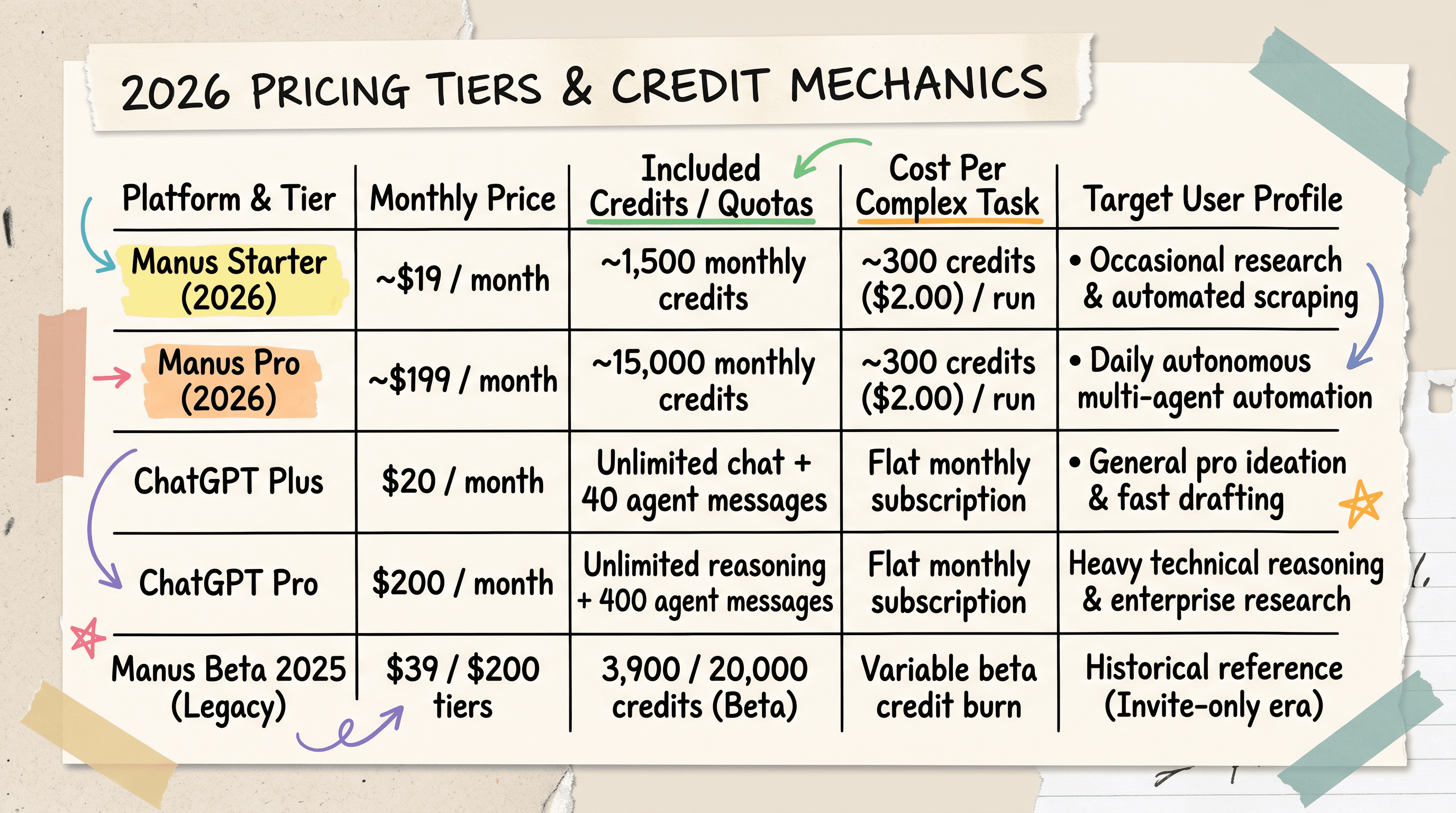 Pricing comparison matrix detailing Manus AI 2026 tiers ChatGPT Plus Pro plans and credit limits