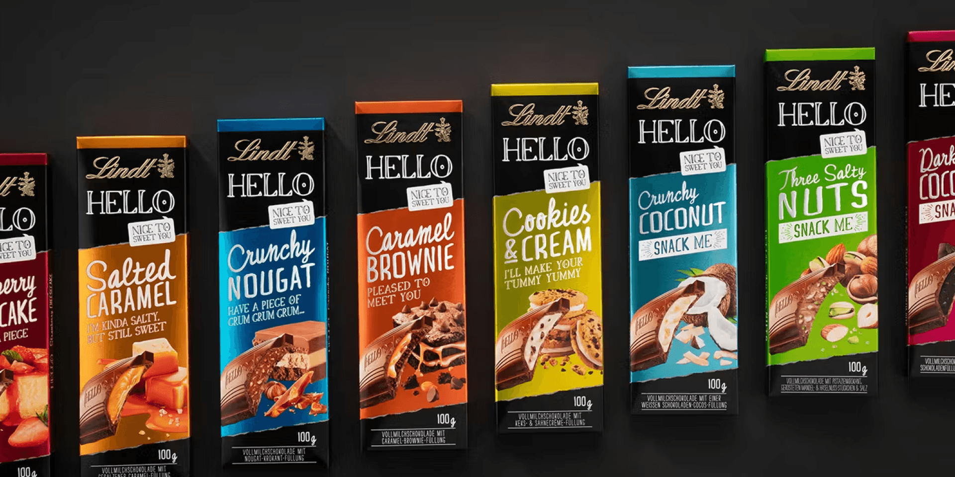 Lindt Hello Packaging Design – vegane Tafel mit Pretzel- und Nuss-Illustrationen