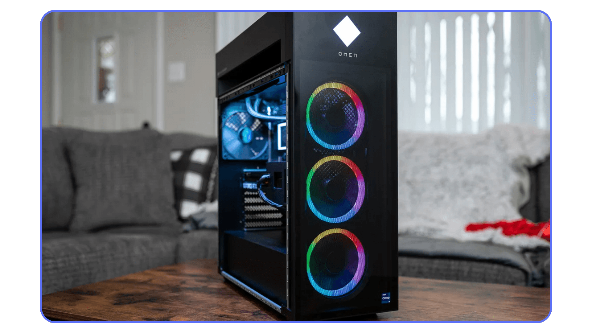 HP Omen desktop PC with RGB cooling fans, suitable for Blender rendering and 3D workflows