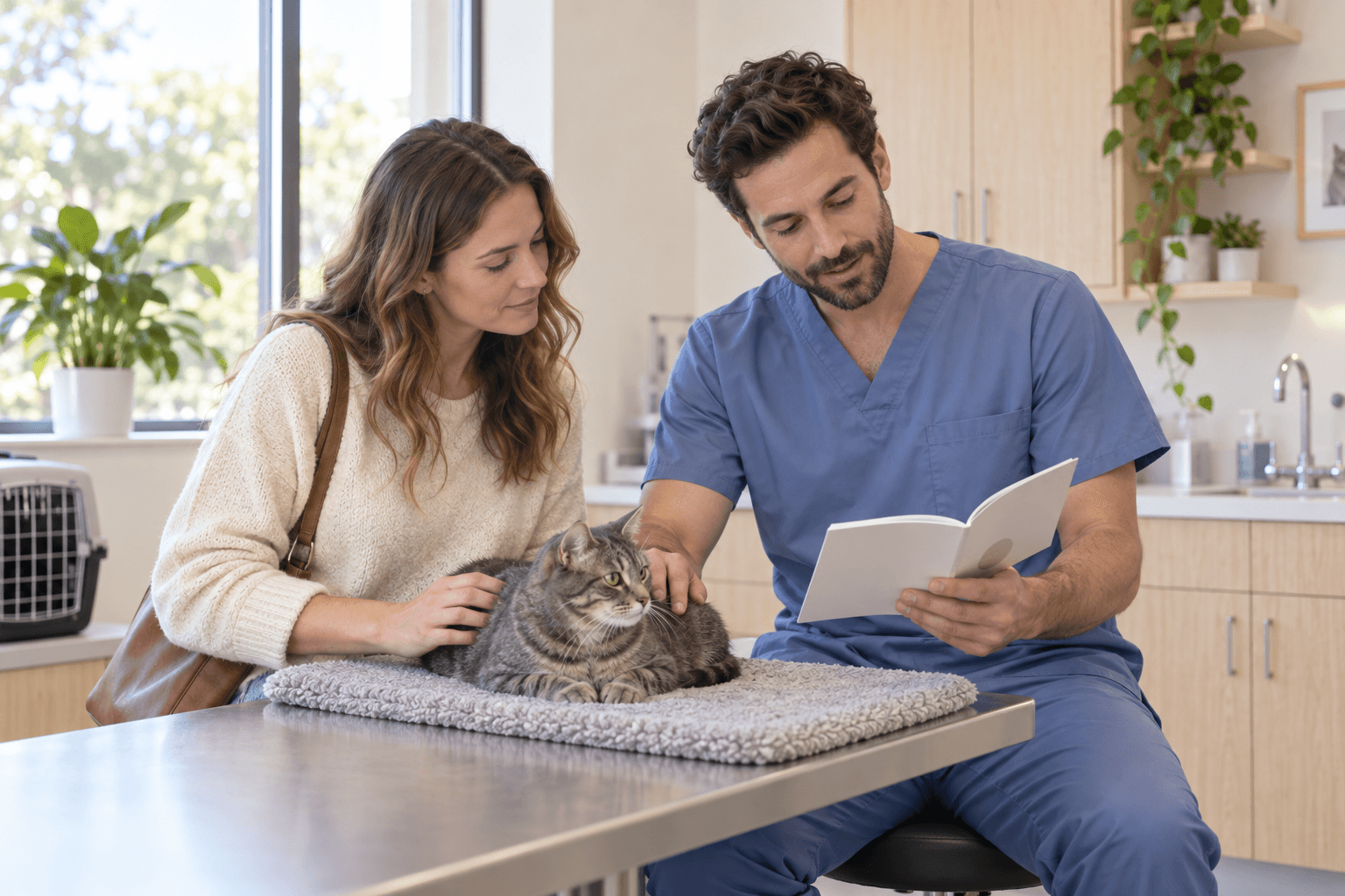 A pet owner sits calmly with her grey cat while a veterinarian talks with her in a bright clinic room.