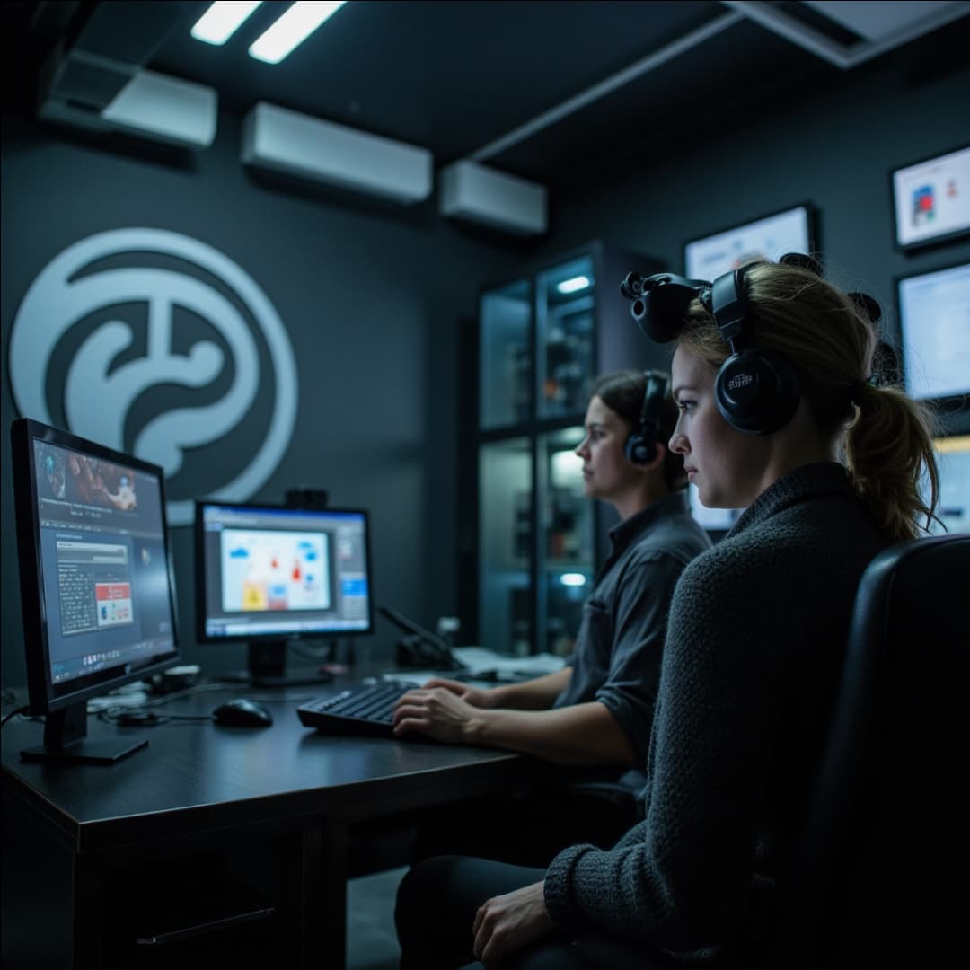 ein it-office, dunkle wände, die angestellten tragen ein headset