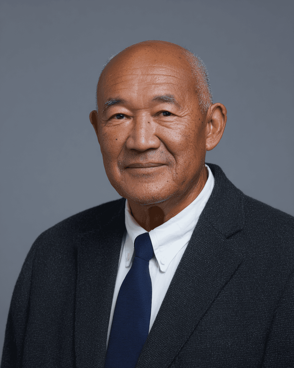 A man with dark curly hair and glasses smiling in a portrait.