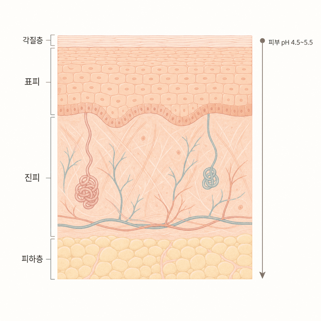 피부 층 구조와 표면 pH 자리