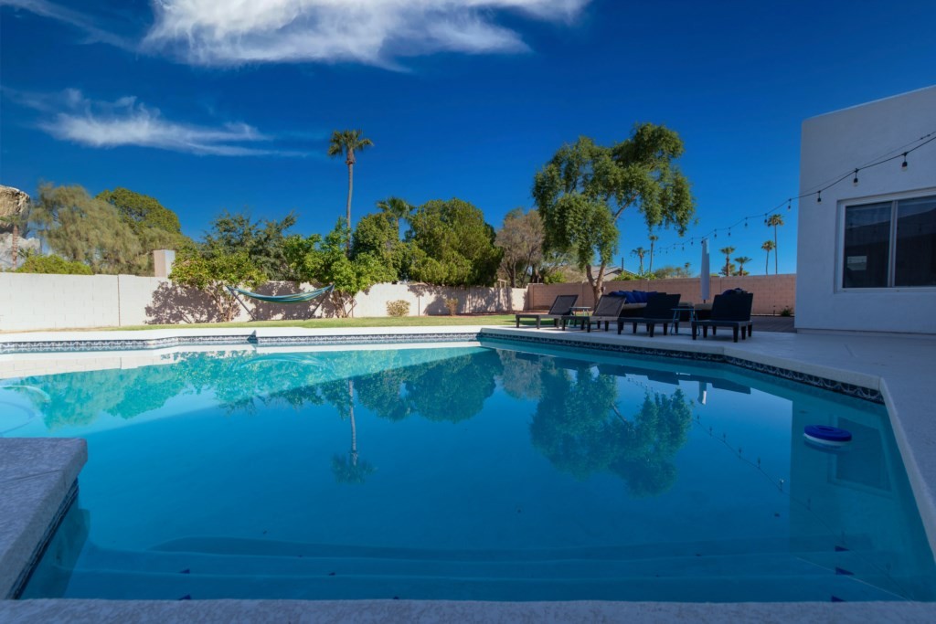 A serene backyard with a sparkling swimming pool, lounge chairs, and lush greenery under a clear blue sky, epitomizing an affordable luxury vacation rental house experience.