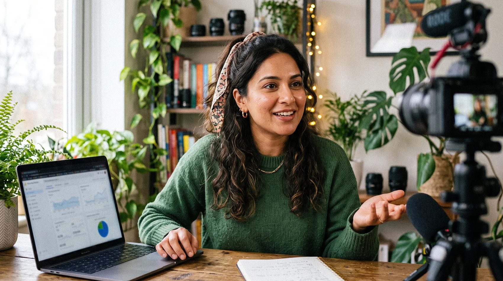 South Asian influencer filming marketing video with DSLR RODE mic and laptop analytics dashboard - $5.78 ROI micro-influencers
