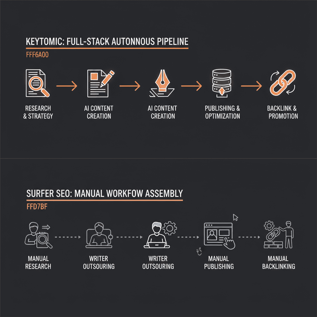 Keytomic autonomous SEO pipeline compared to Surfer SEO manual workflow