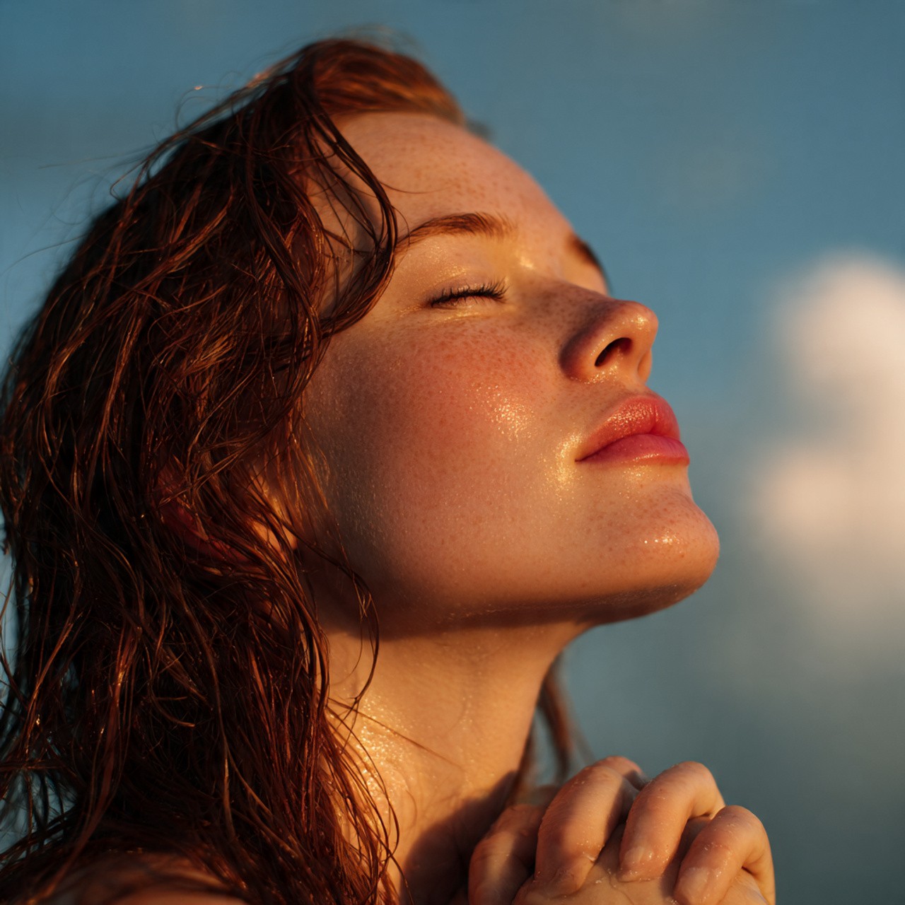 Sun-kissed woman with wet hair praying against a blue sky.