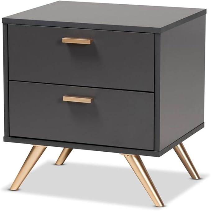 Elegant grey and gold nightstand with ample storage space and a timeless design.