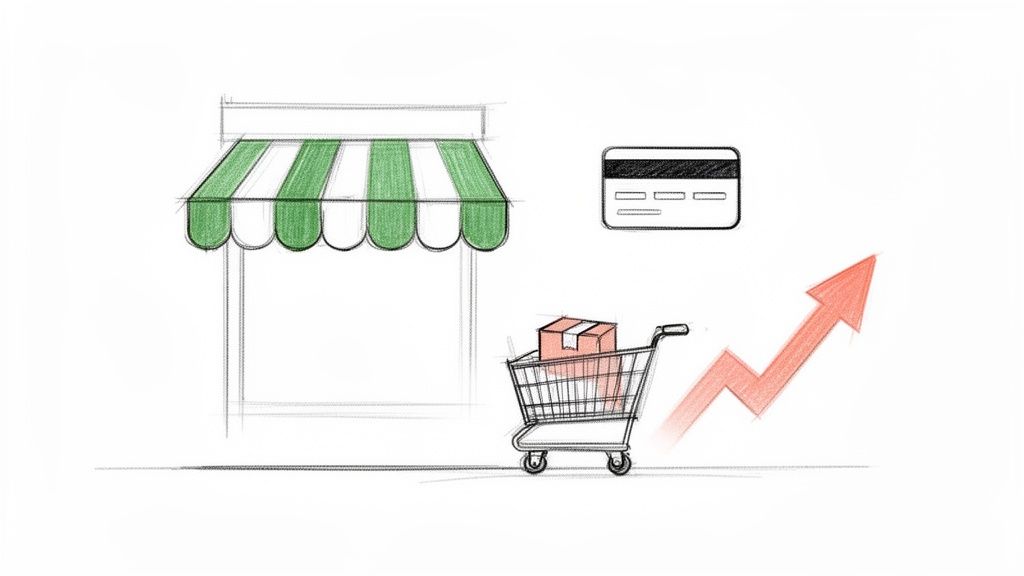 An illustration depicting a store, credit card, shopping cart, and a red upward trend arrow.