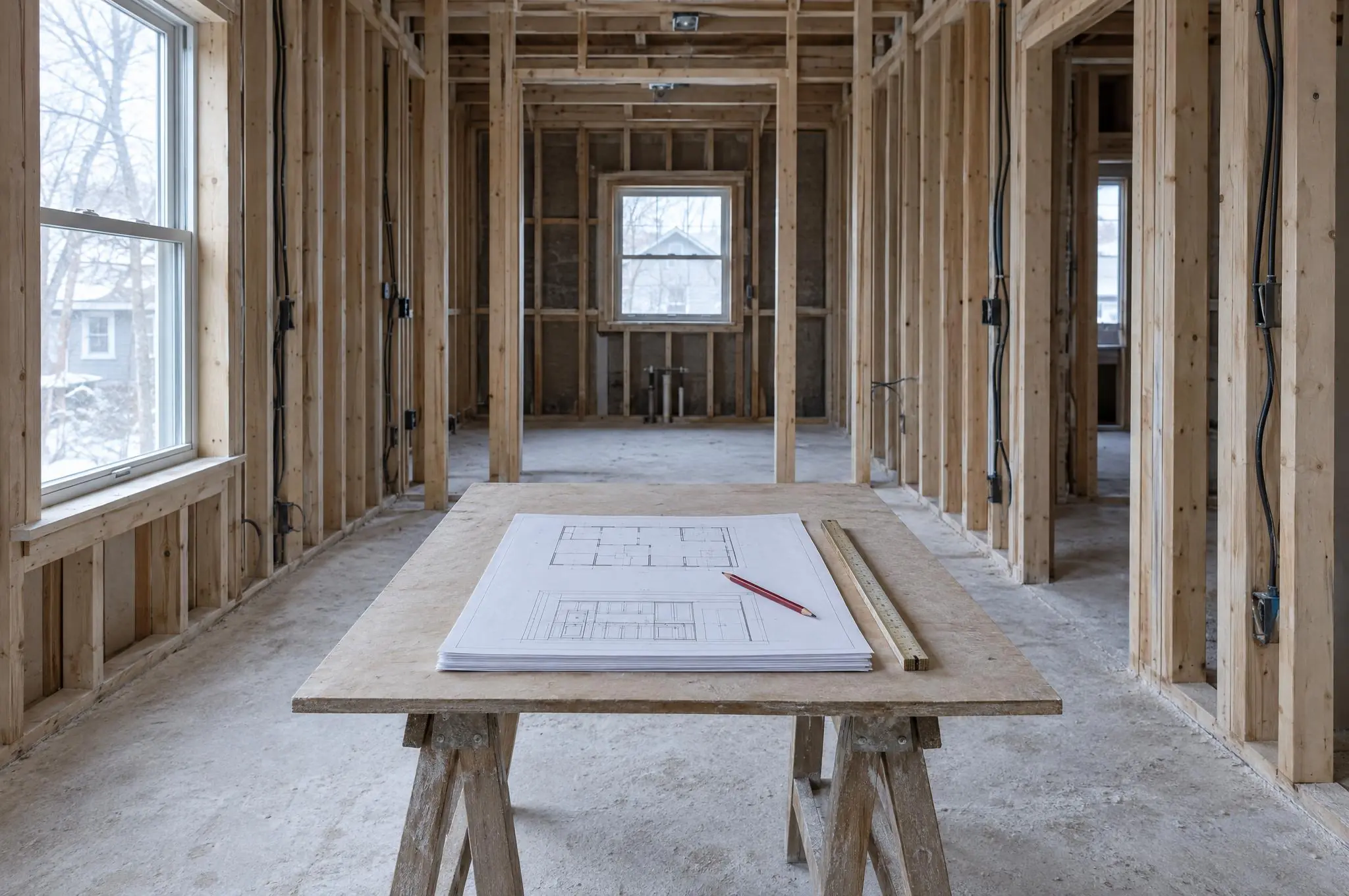 Stripped kitchen in a Minneapolis house in the middle of a renovation, with a printed drawing set, a red pencil and a folding rule on a sawhorse table