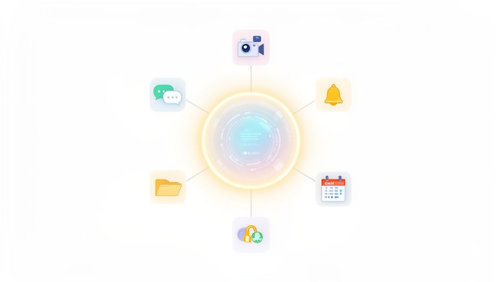 A central glowing hub connects various digital icons representing communication, media, notifications, files, calendar, and security.