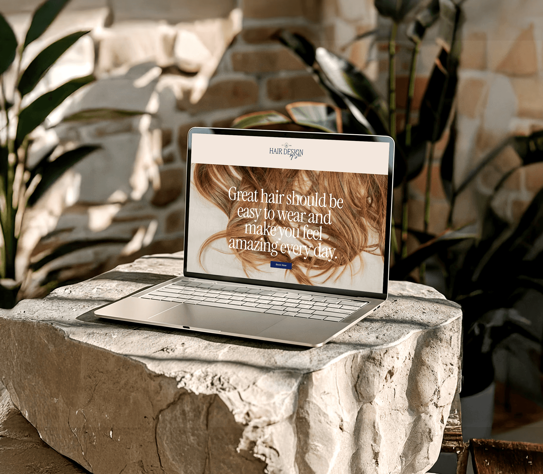 Laptop mockup showing a luxury salon website with bold heading and plants in background