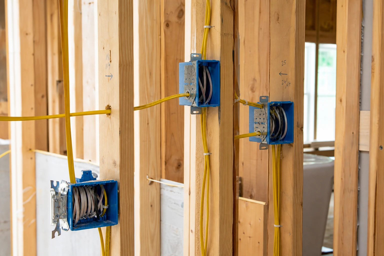Electrical rough-in wiring in wall studs of a new construction home in North Carolina