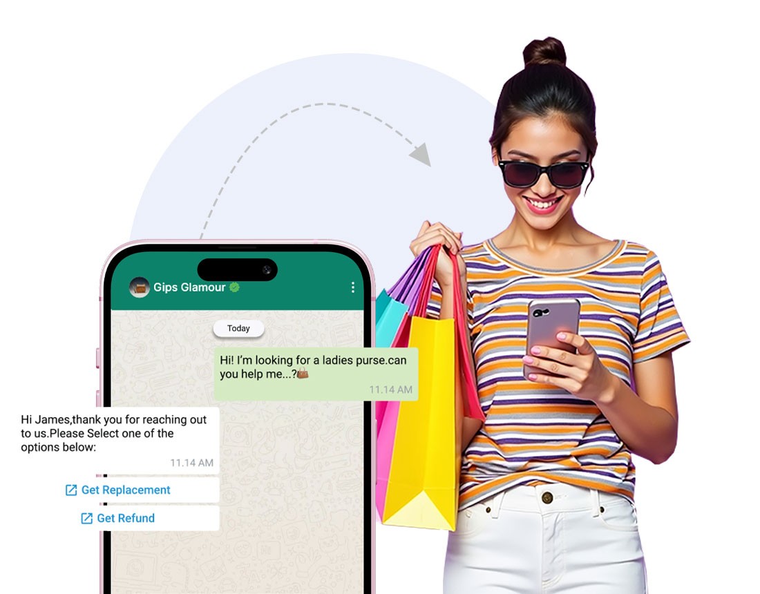 Woman in striped shirt and sunglasses holding shopping bags while looking at her smartphone displaying a WhatsApp chat with Gips Glamour offering customer service options for a purse inquiry