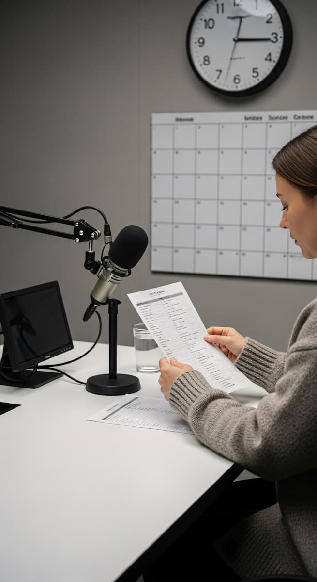 eine Frau sitzt in einem studio vor einem mikrofon und liest etwas