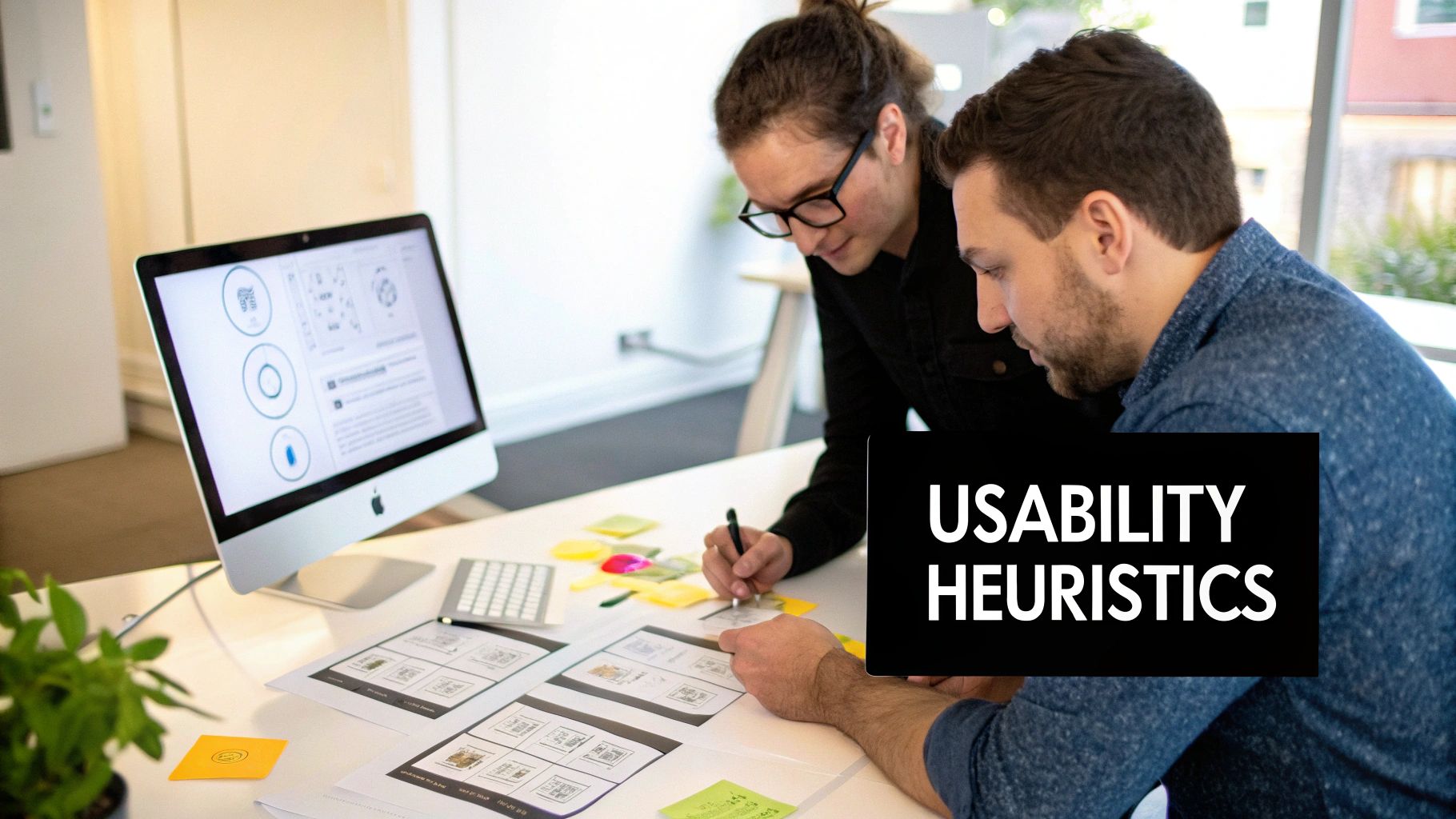 Two UX designers collaborating on a usability audit, reviewing designs and digital interfaces on a desktop computer.