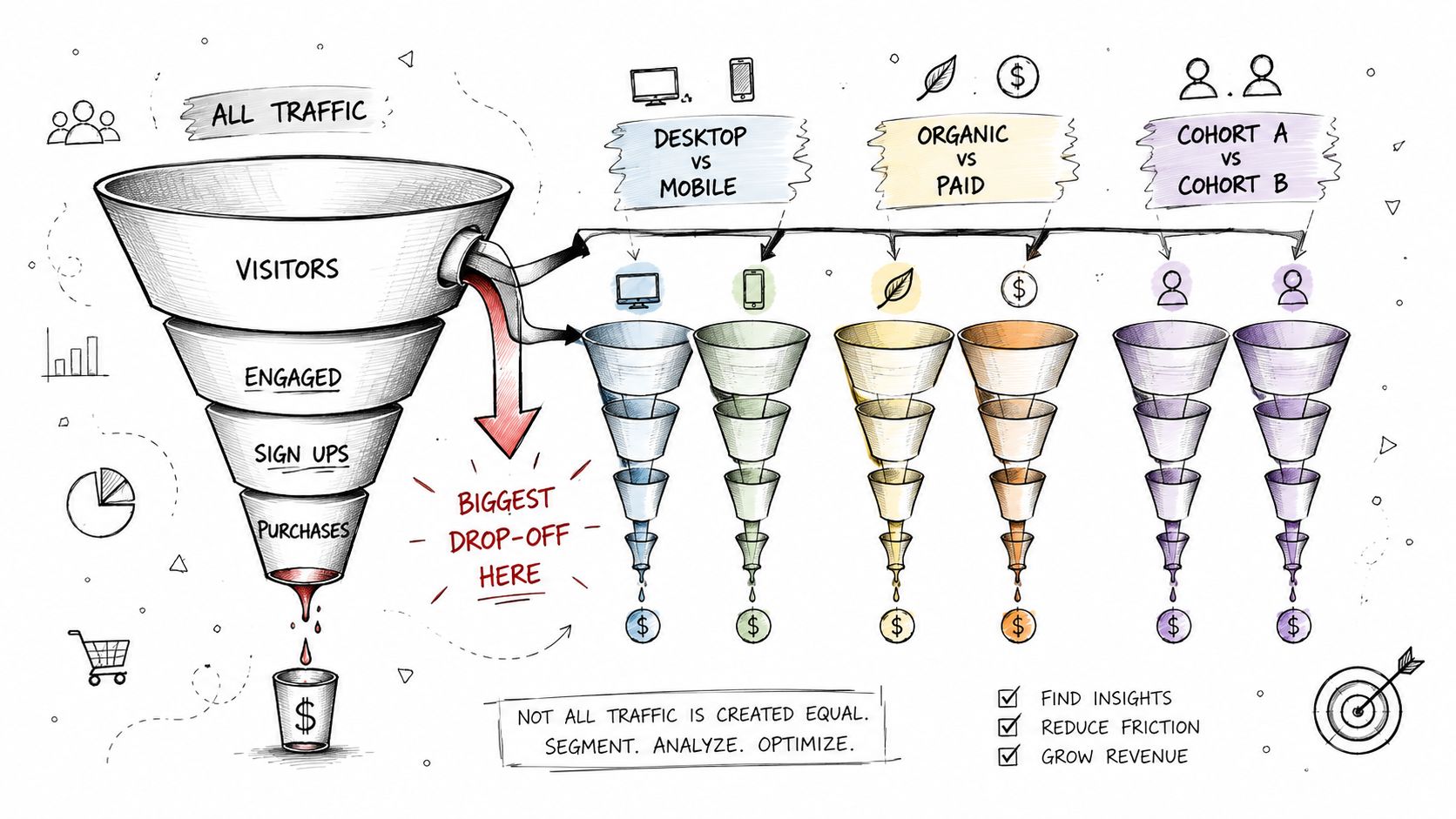 An infographic illustration showing a main marketing funnel and how it breaks down into smaller, segmented funnels.