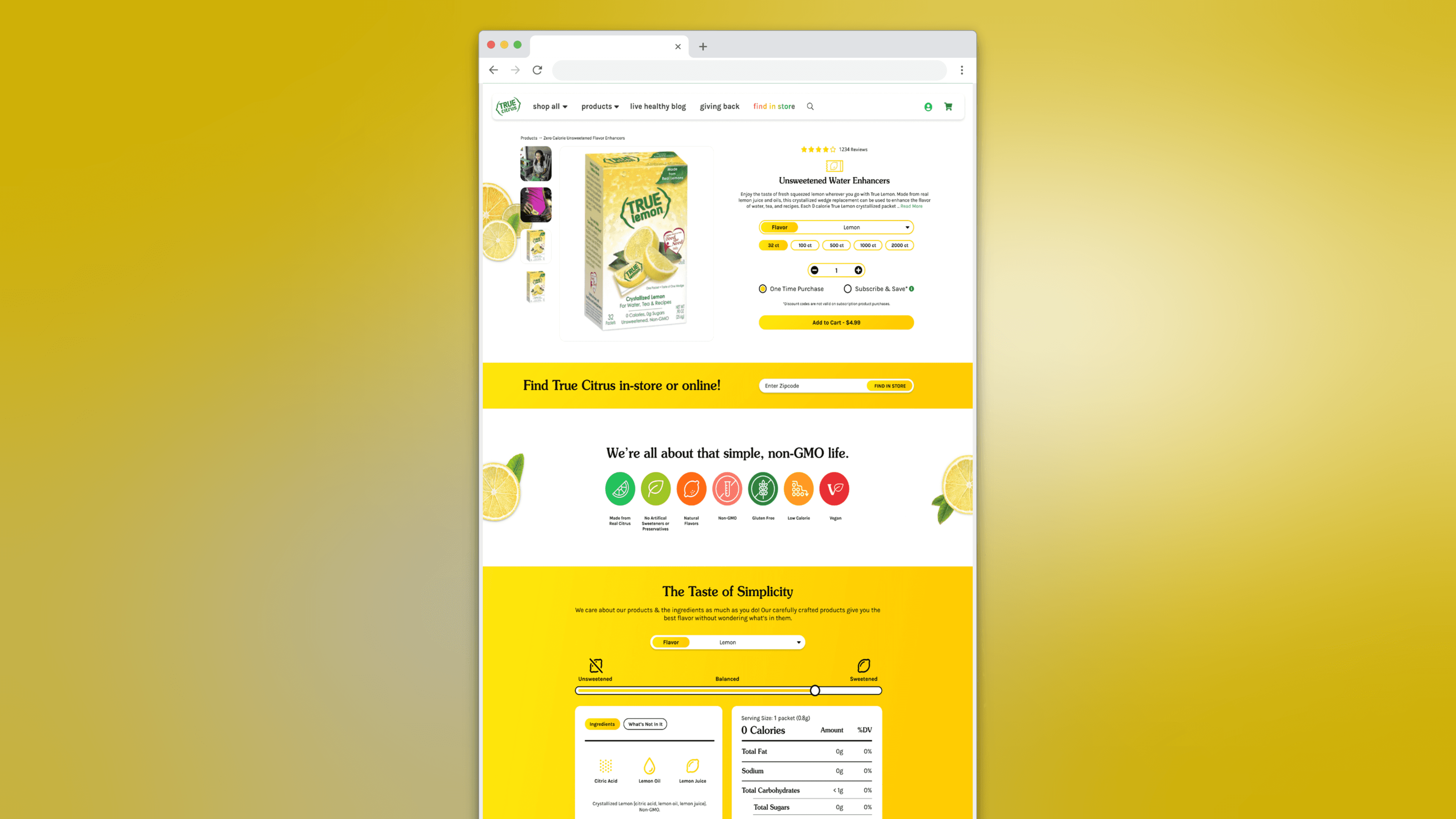 A yellow themed lemon powdered drink mix product page.