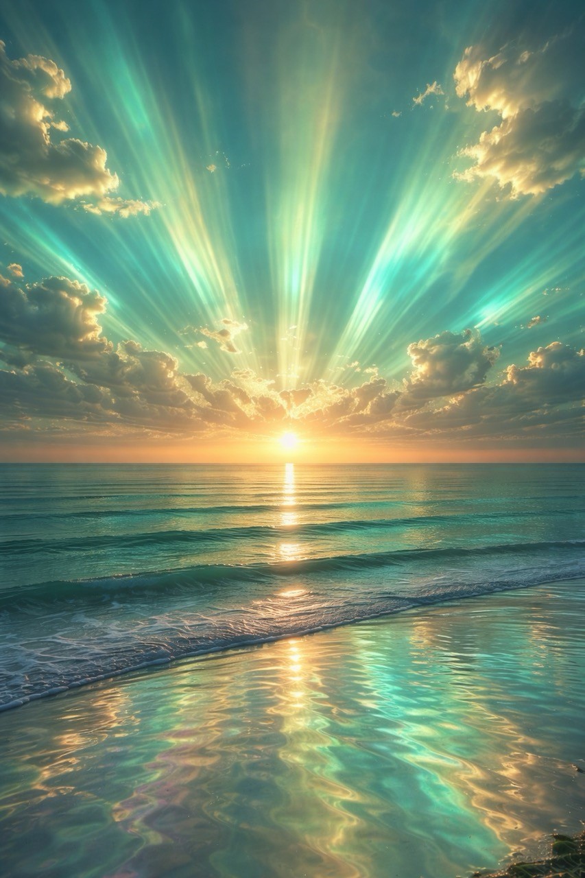 Mare con luce raggi di sole al tramonto