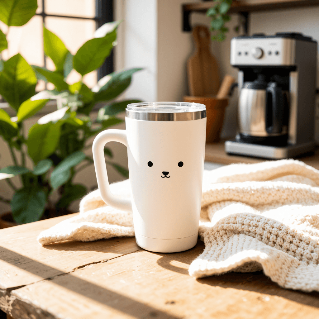 product photography of a travel mug with a cute animal design, used for beverages