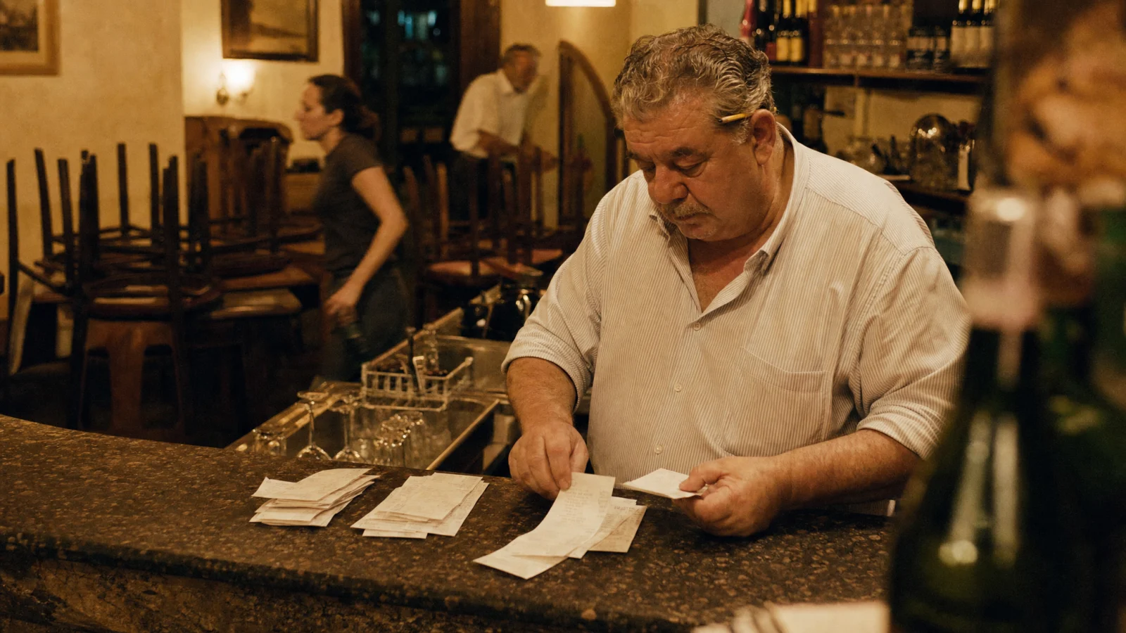 Il proprietario dell'osteria smista le fatture del mese in tre pile sul bancone