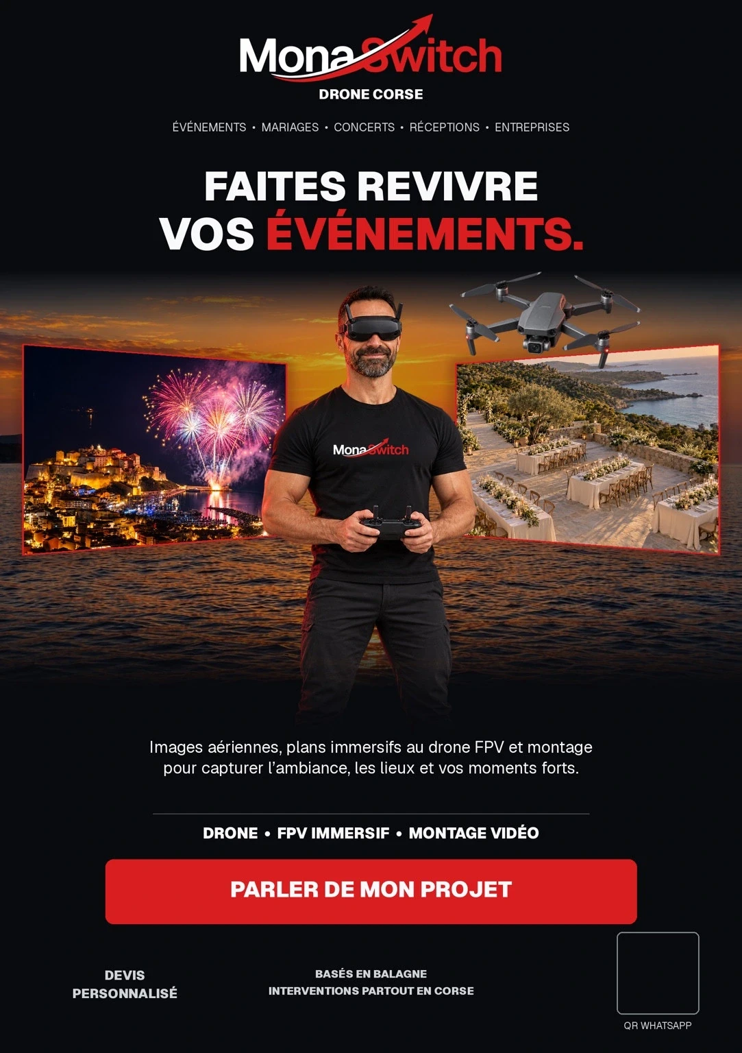 Flyer illustré Drone Corse — Événementiel : « Faites revivre vos événements »