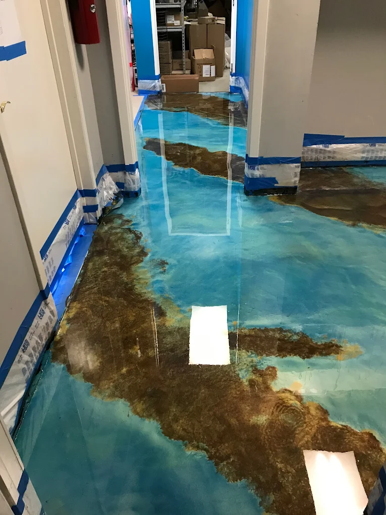 Blue and gold metallic epoxy floor coating