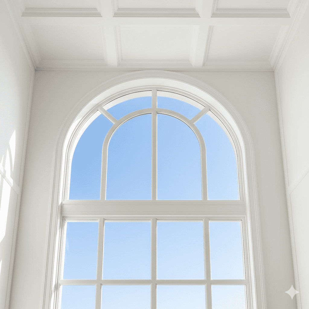 Arched double-height window with white trim and blue sky.